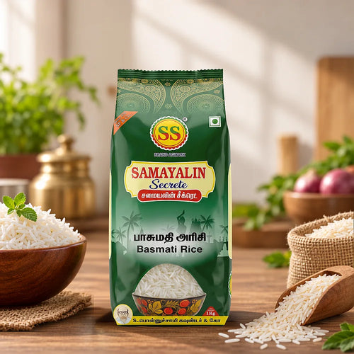 SS Brand Basmati Rice 1kg pack displayed with long, slender rice grains in a traditional kitchen setting